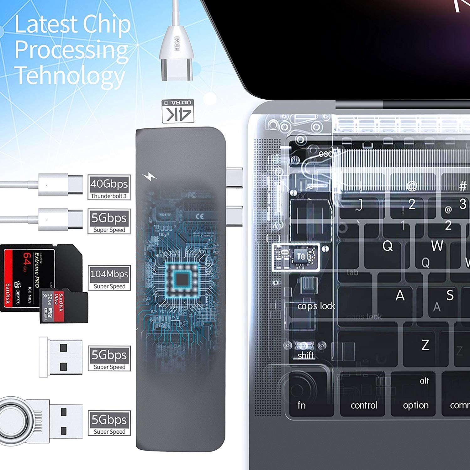 Aluminum USB Type-C Hub Adapter Dongle 50Gbs for 2016-2018 MacBook Pro 13"&15" 4K , Thunderbolt 3 5K@60Hz,USB-C Data