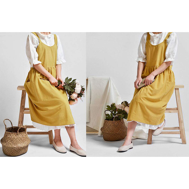 Florist Yellow Linen Cotton Apron 2 Front Pockets Cleanroom Foldable Customized