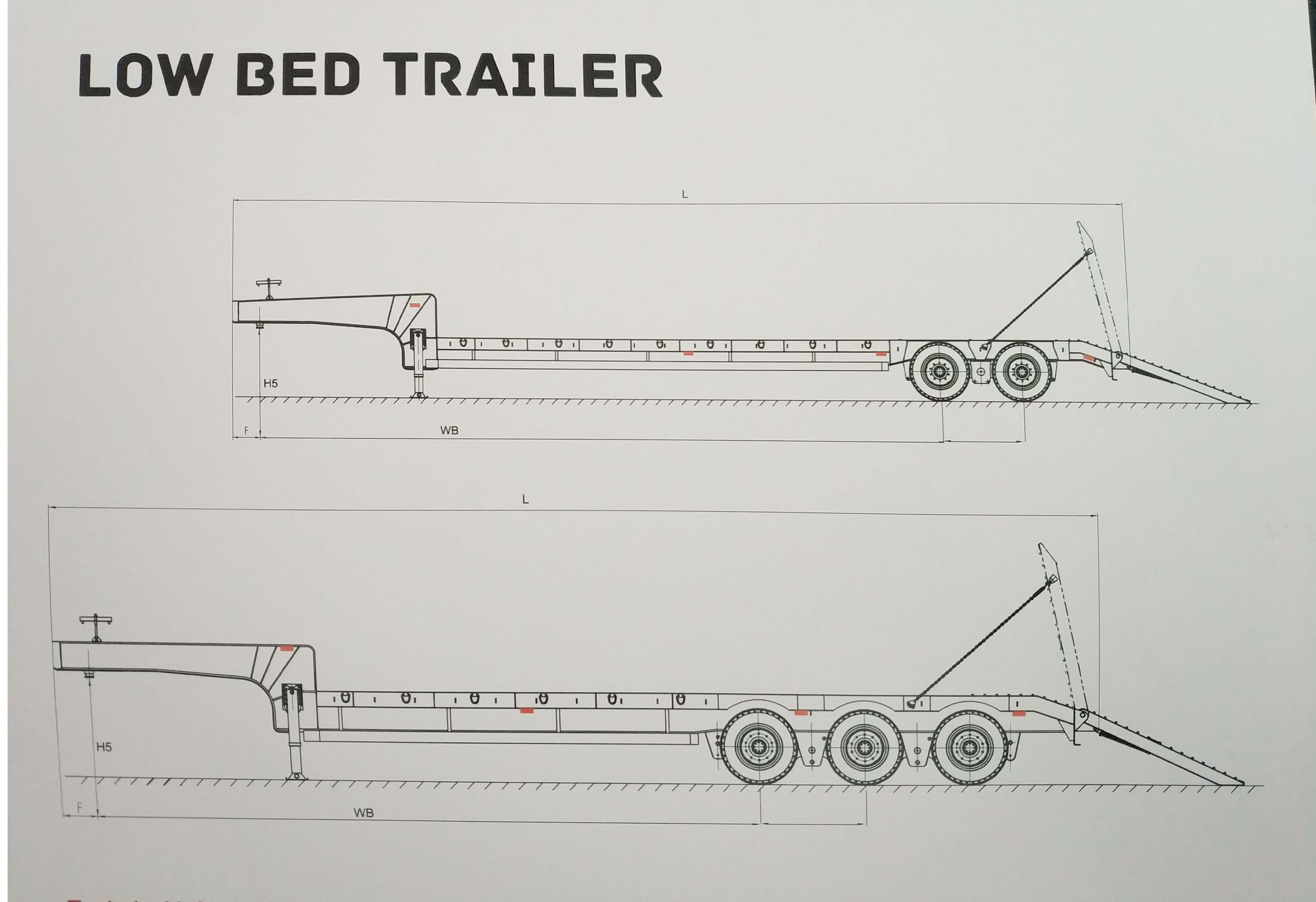 3 Axle Low Bed Semi Trailer Red Color with Self-Steering Axles and Hydraulic Ramps