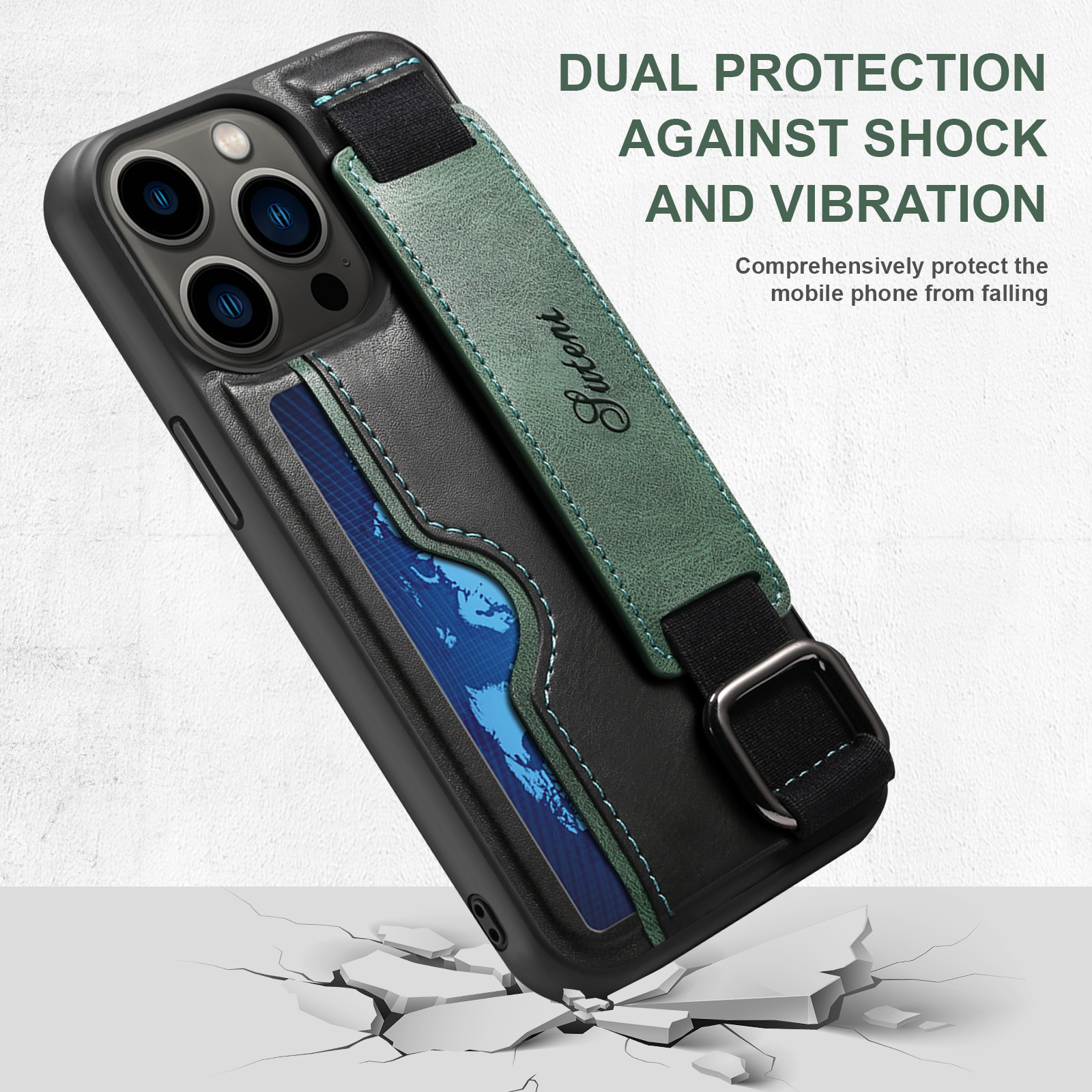 14 Pro Max Mobile Phone Case with Wrist Strap Stand and Card Slot in Green PU Leather