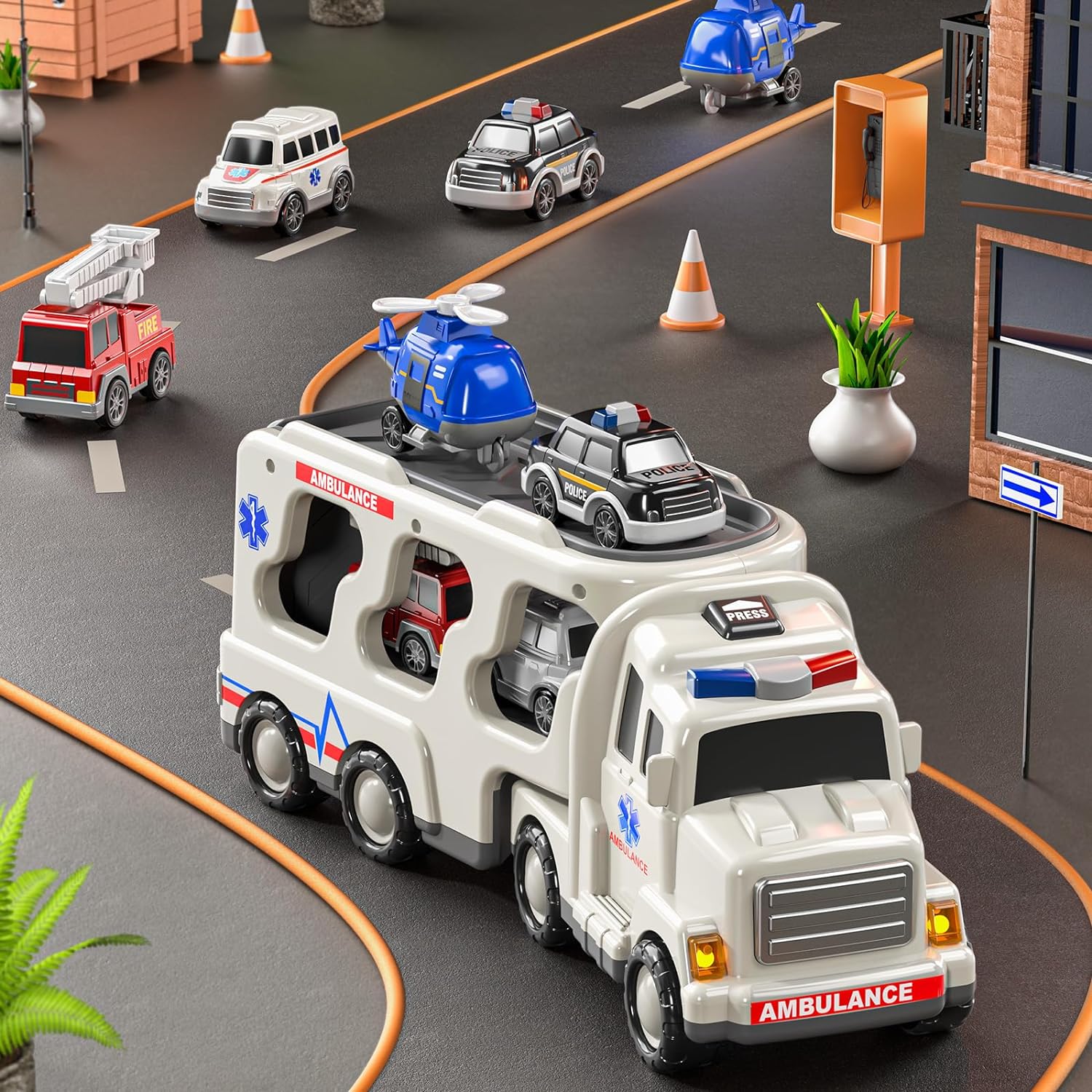 Friction Toy Style Emergency Rescue Vehicle Toddler Truck Toys Birthday Gifts for Girls Age 3-9