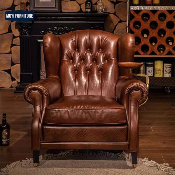 Sponge Filled MOYI Antique Hotel Lounge Meeting Room Cigar Tan Leather Accent Sofa Single Sofa Chair for Home Living Room Dining Coffee Leisure
