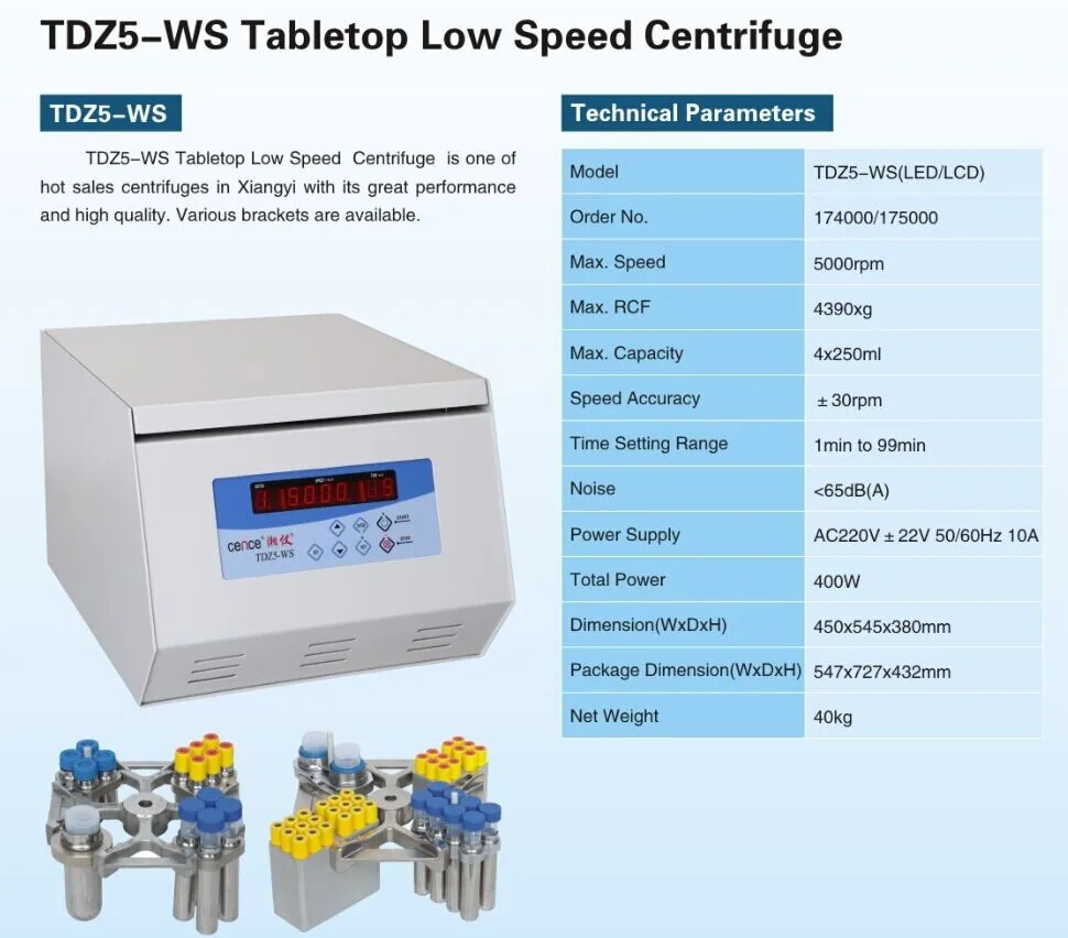 Clinical Low Speed Centrifuge Machine TDZ5-WS with 4*250ml Max Capacity