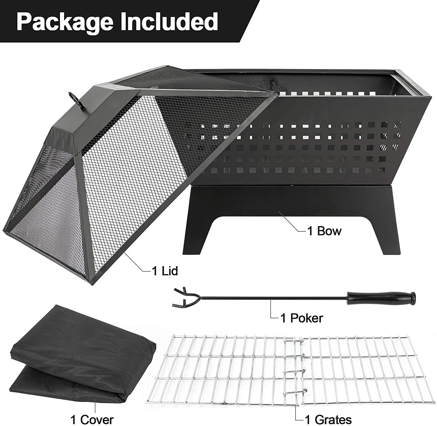 Outdoor 24.4'' Wood Burning Brazier Burning Fire Pit Heavy Duty Grille Black