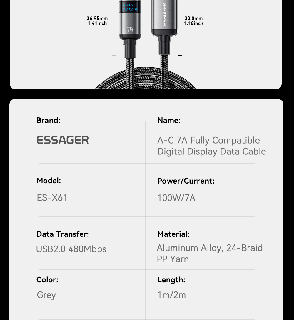 ESSAGER ES-X61 Series PP USB A To C Cord 100W Max 480Mbps