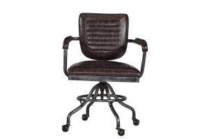 China Vintage Brown Leather Office Desk Chair Small Space Swivel Wheel Legs Durable Iron Frame wholesale