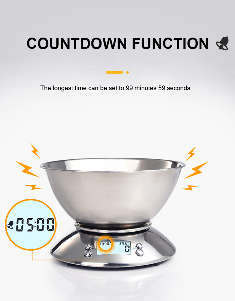 Stainless Steel Digital Kitchen Scale 5 kg Removable Bowl and Battery Powered Digital Household Scale