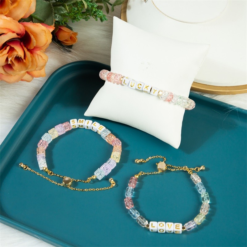 Customize Square Gold Letter Beads Adjustable Bracelet With Cracked Crystal Beads