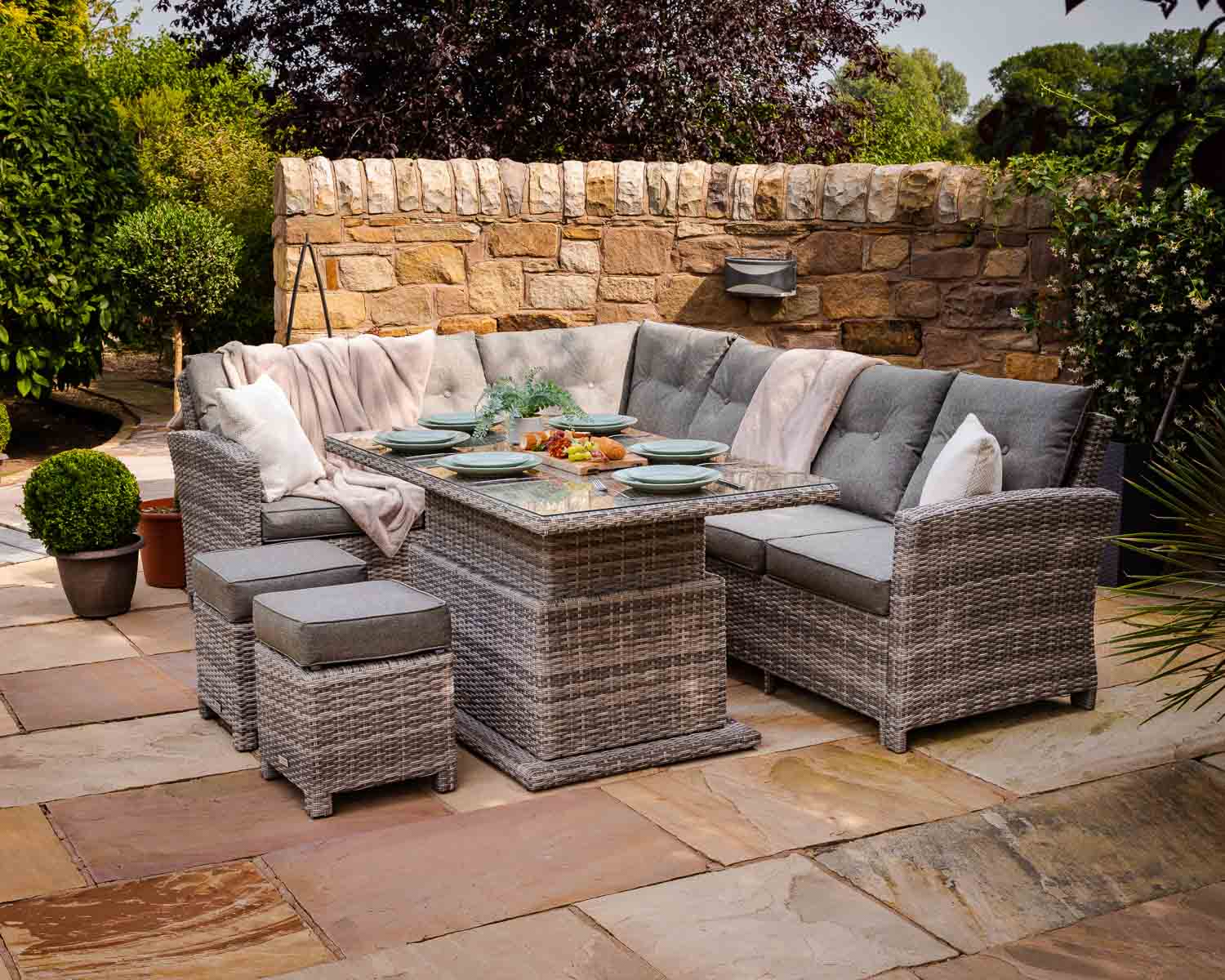 PE Rattan AJUNION Outdoor Sectional Corner Sofa Patio Set with Adjustable Dining Table