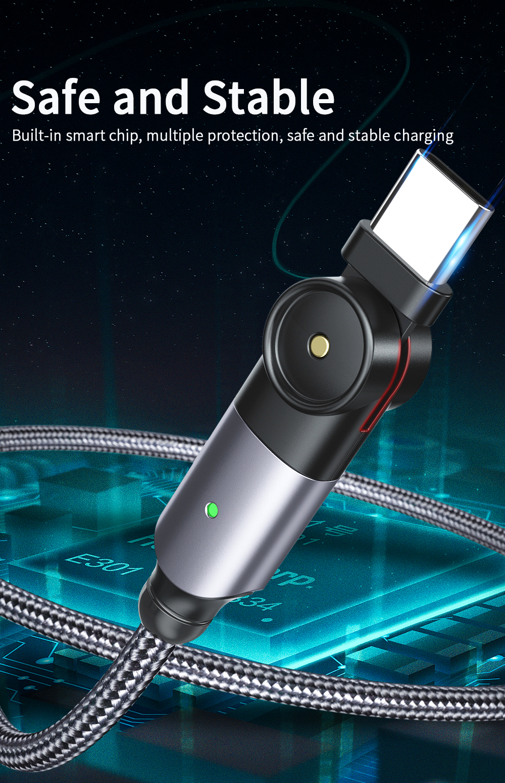 Original LED USB A To C Data Cable Fast Charging 180 Rotate 3A