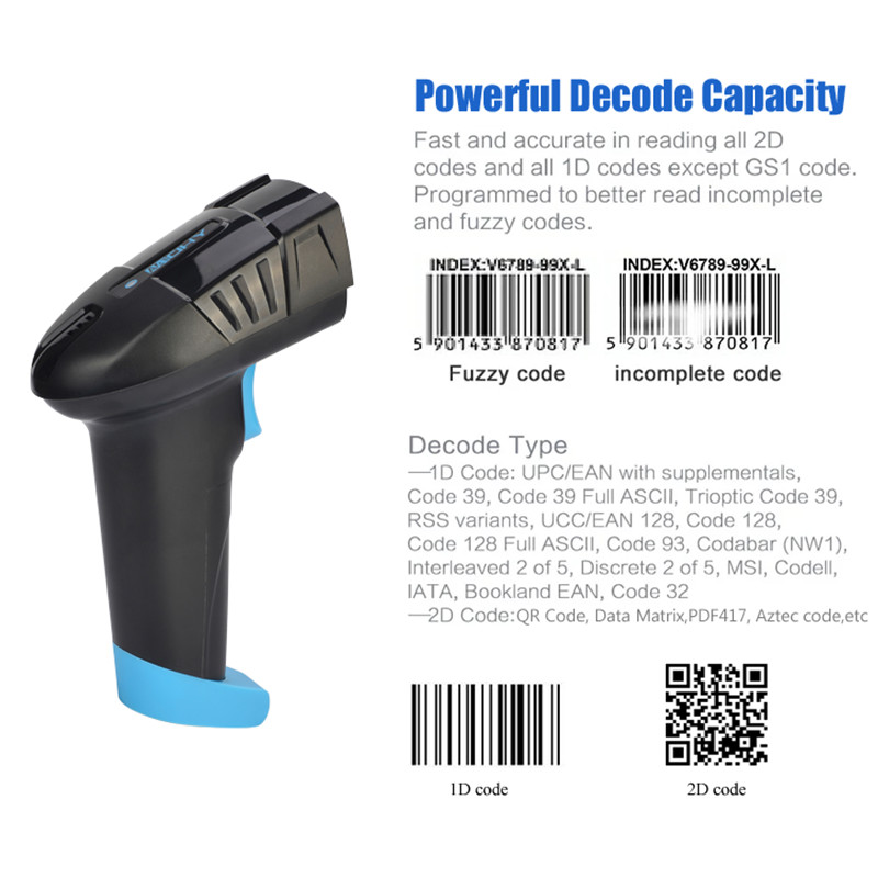 Wireless 1D 2D Barcode Scanner 433Mhz QR Code Scanner Machine For Supermarket