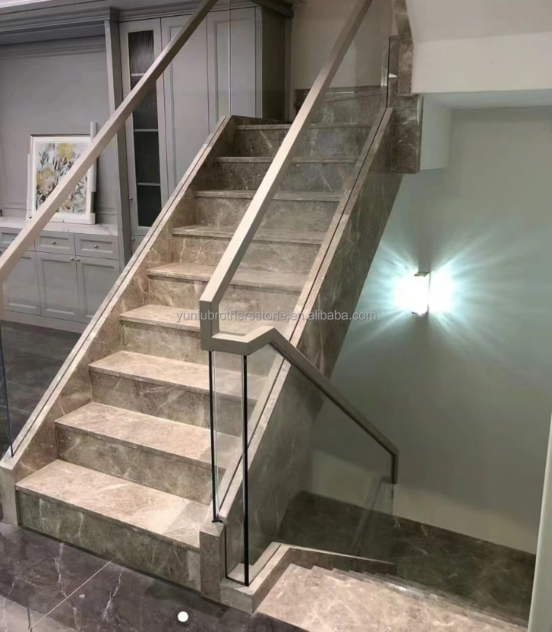 Natural Stone Straight Stair Modern Indoor Grey Marble Anti Slip Staircase Tiles