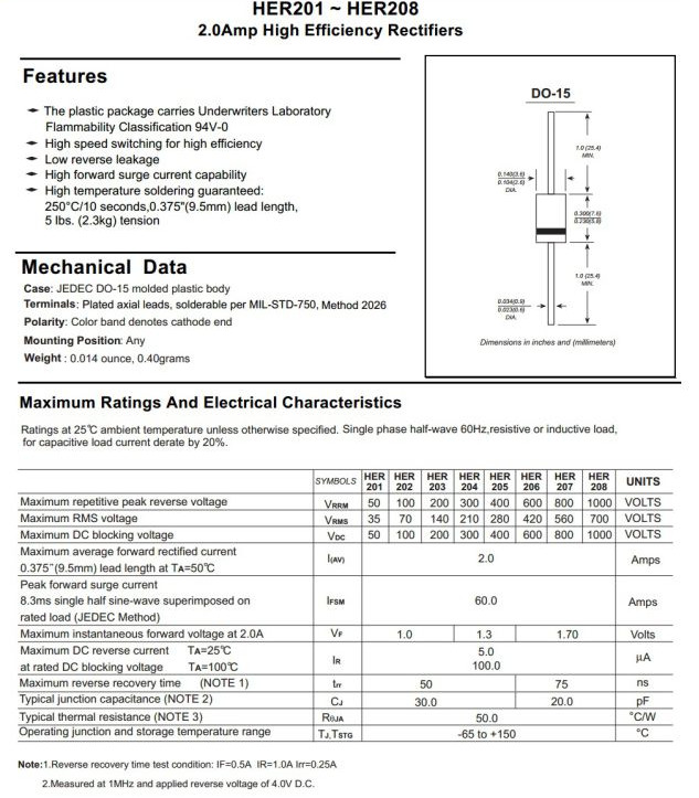 High Efficiency Rectifier Diode 2A HER201 Thru HER208 DO-15 Package