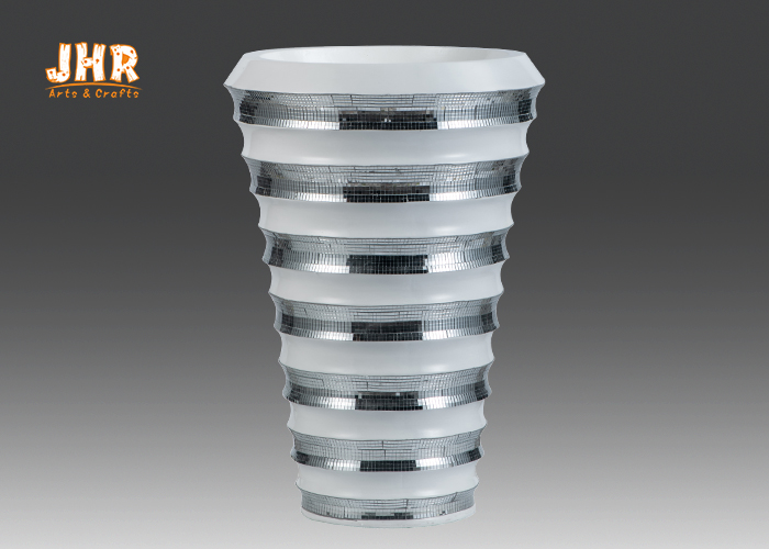 Decorative Wide Mouth Fiberglass Plant Pots With Silver Mosaic Glass Finish