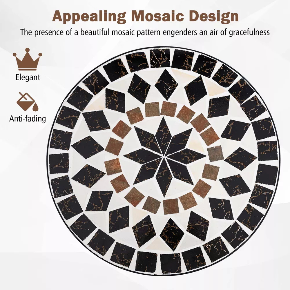 Outdoor Furniture AJUNION 2 Seating Chair and Table Set Metal Iron Foldable Chair Antique Mosaic Tile Table Bistro Set