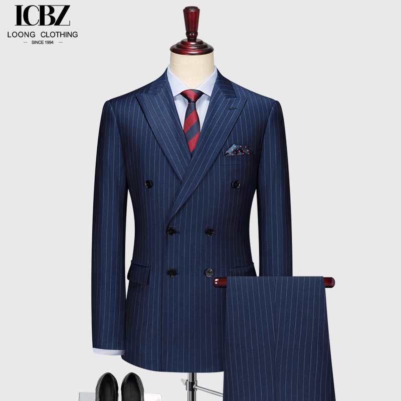 Men's 2 Pieces Suit Vertical Striped Gun Lapel Double-breasted 6 Buttons Formal Suit