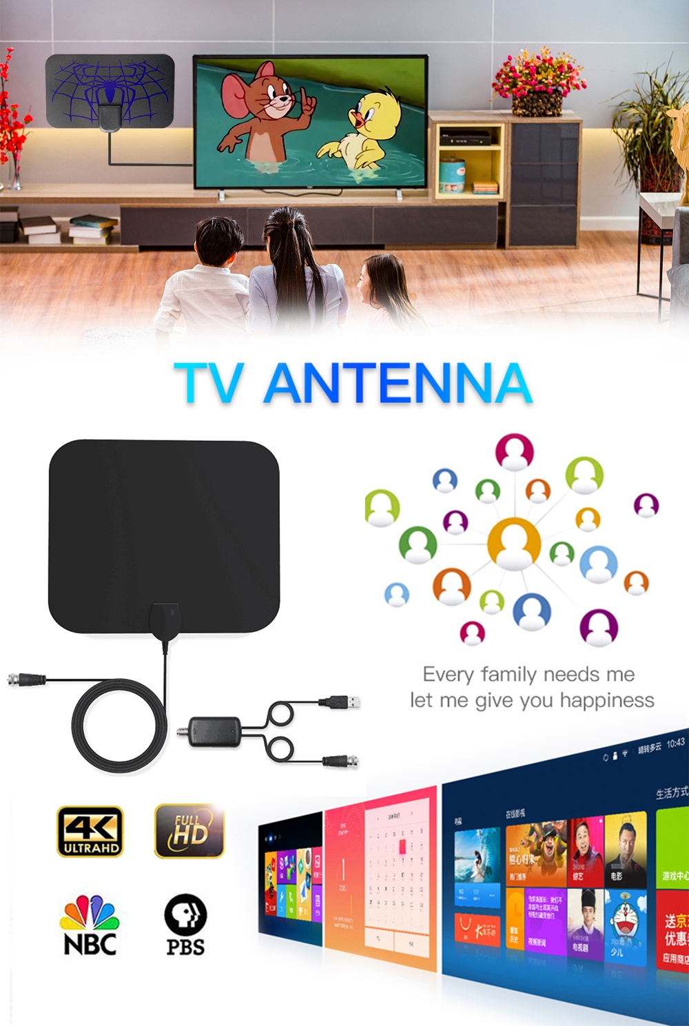 150 Miles HD Car Ground Satellite Digital TV Antenna with Amplifier V56/U390 28dBi