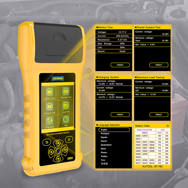 Color Screen BT760 Car Diagnostic Tester 6-32V automotive battery tester with printer