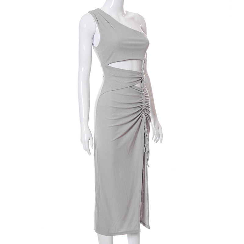 Drawstring Womens Party Maxi Dresses Stitching Slanting Shoulder Navel High Fork