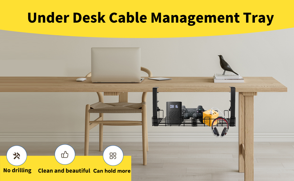 Adjustable Cable Management Tray for Desk No Drilling Required Large Space Metal Tray