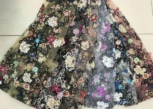 China Multi Color Embroidered 3D Flower Lace Fabric / Fabric , Bead Lace Tulle For Dress wholesale
