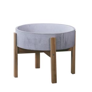 China pan shaped concrete flower pot with a four legged wooden stand for flower bed indoor outdoor wholesale