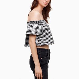 China Latest Clothing Ladies Fashion Summer Top Cotton Plaid Off Shoulder Blouse for Women wholesale
