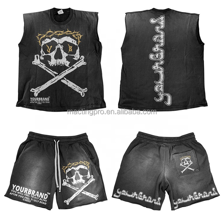 Letter Pattern Type Custom Printed Logo Sun Faded Tees T Shirt and Shorts Set for Men