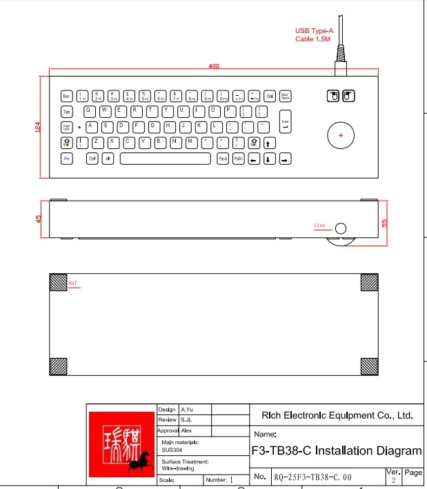 dustproof waterproof Industrial Desktop Keyboard IP64 Stainless Steel With Trackball