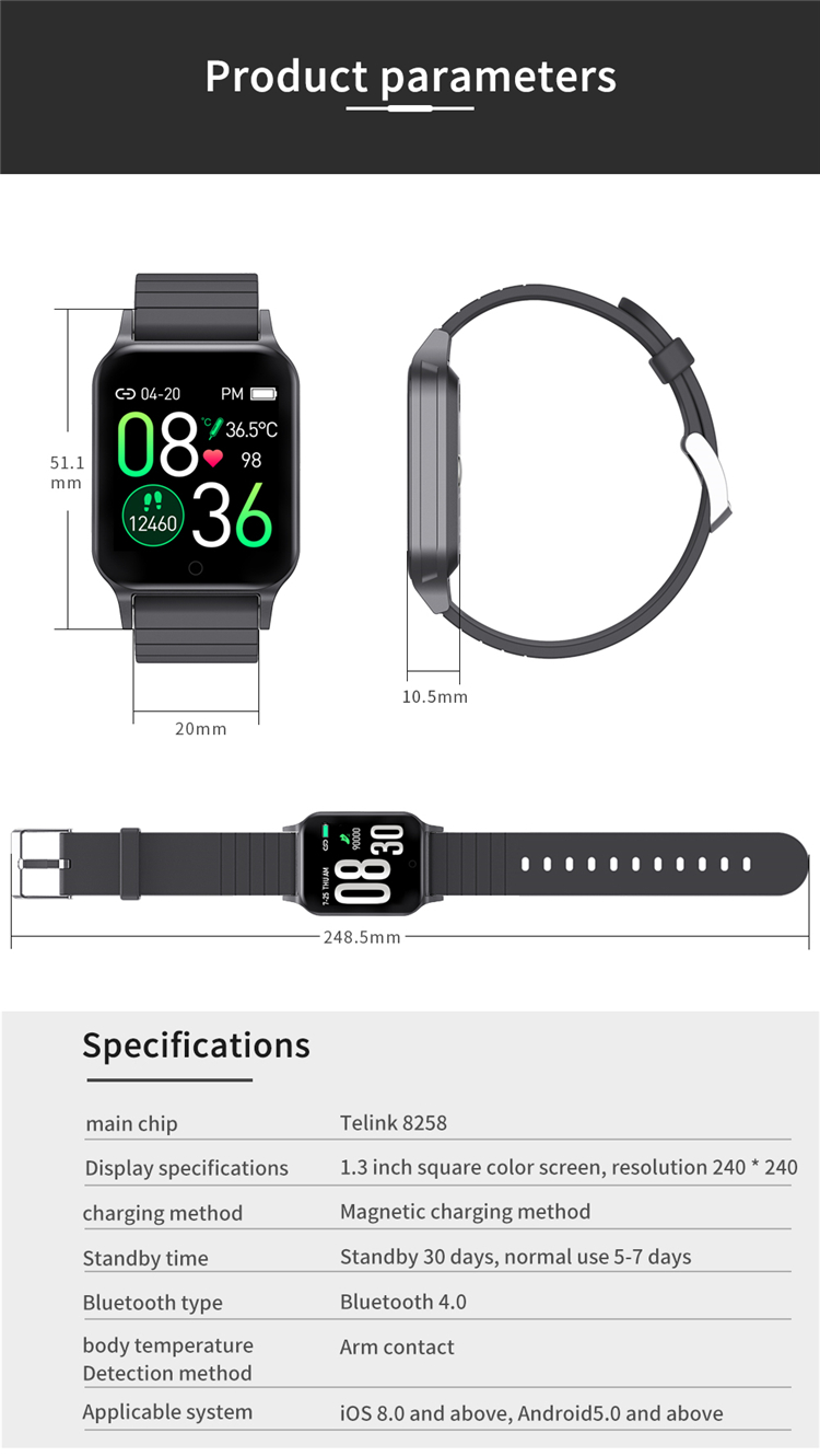 T96 Smartwatch Body Temperature Kids Waterproof Measuring Gts T96 Bracelet Fitness Health Tracker ECG