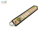 Personalized Embroidered Keychains Black Words On Red Background With Merrow