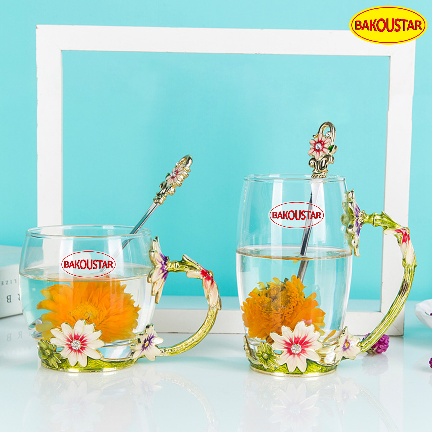 330ml 350ml Decorated Enamel Glass Cup BPA Free With Spoon