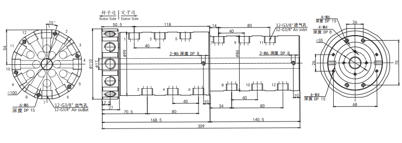 3012012 series 3012012 Series G3/8 12 Passage Pneumatic & Electric Rotary Union slip ring Drawing 