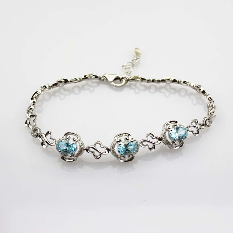 925 Silver 5x7mm Created Blue Topaz Cubic Zircon Link Tennis Bracelet (H11)