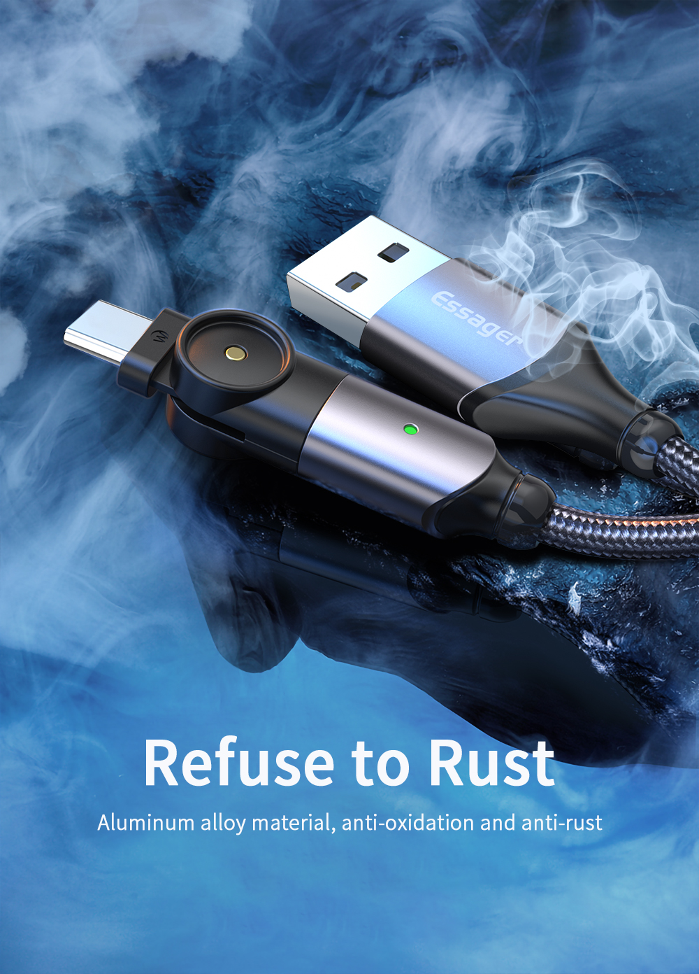Original LED USB A To C Data Cable Fast Charging 180 Rotate 3A
