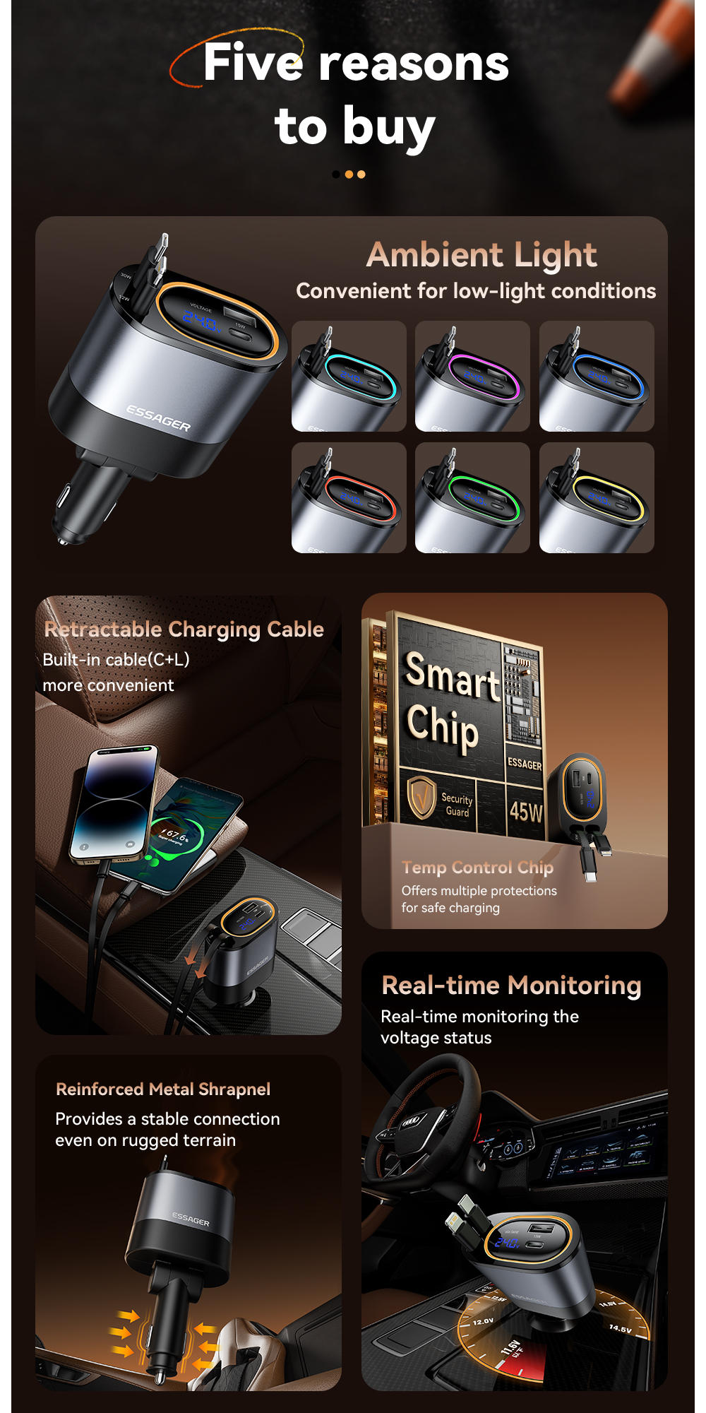 ESSAGER SHE-6001 45W PD 30W with Fast USB C Lighting Cable Type C Car Charger