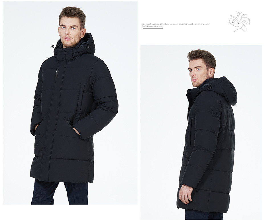 Business Style Long Man Winter Coat Thick Dark Colour Waterproof Down Coat With Four Pockets