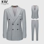 Business Needs Business Suits Gray Striped Double-breasted Gun Lapel Slim Fit 3
