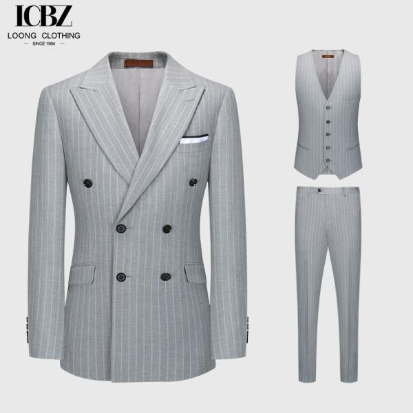 Business Needs Business Suits Gray Striped Double-breasted Gun Lapel Slim Fit 3