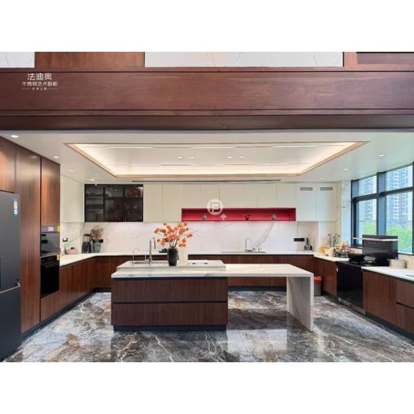 Fadior Multifunctional Wood-Grain Stainless Steel Custom Kitchen Cabinet with Island & Integrated Appliances