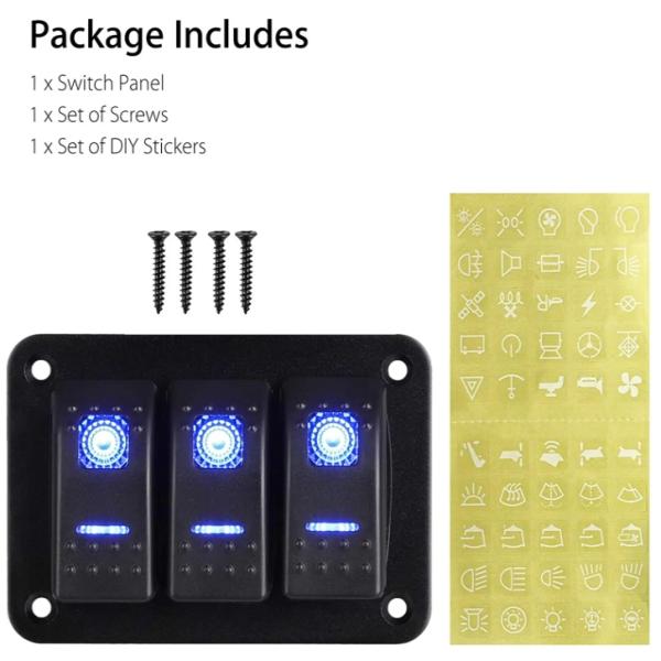 DC 12V 24V Blue LED Backlit 3 Gang Aluminum 5 Pin ON Off Toggle Rocker Switch Panel