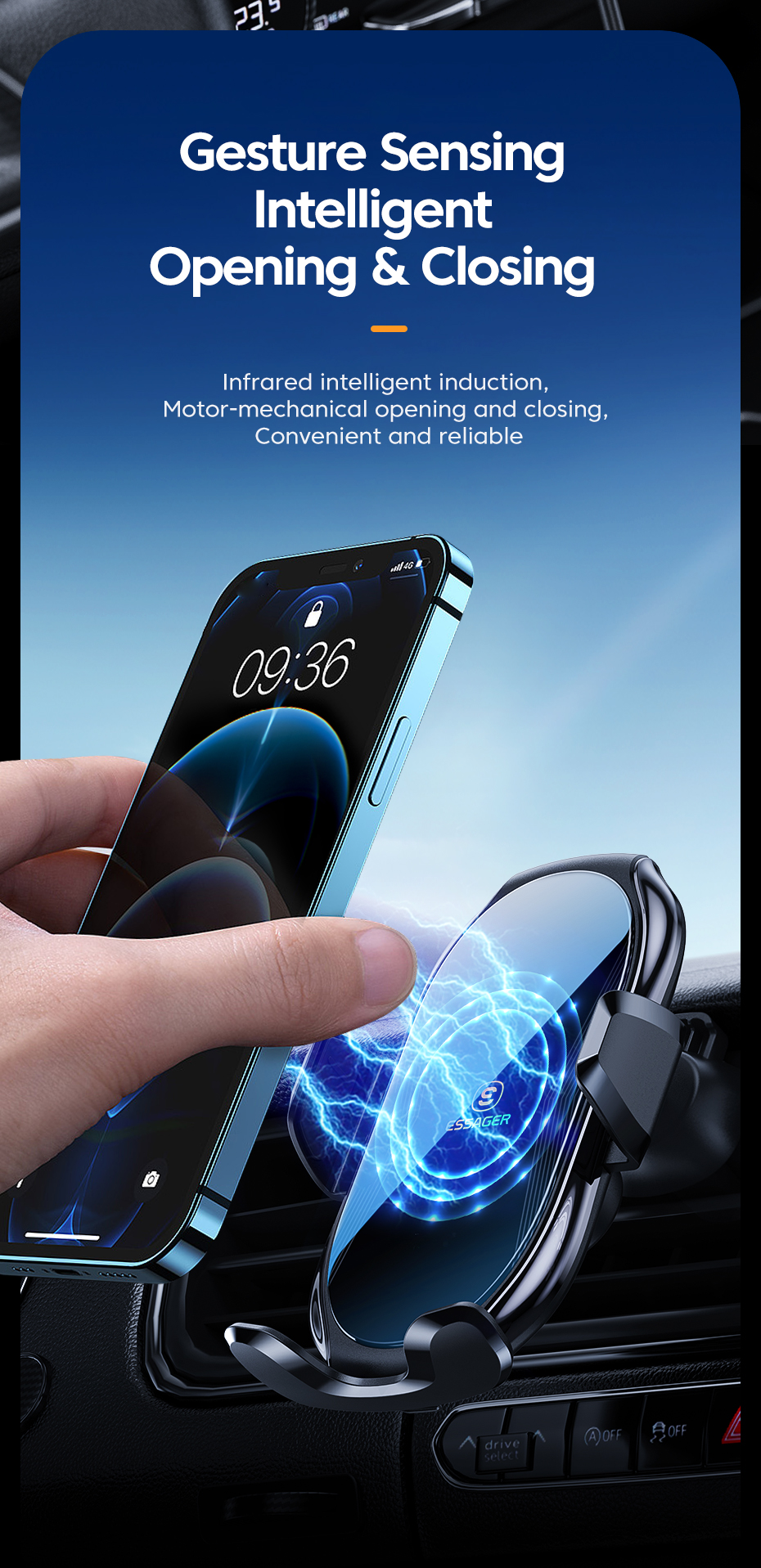 Essager 2022 Premium Air Vent Infrared Control Cell Phone Holder Fast Charging Mount 15W Qi Wireless Charging Holder For Car