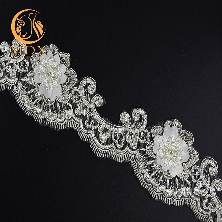 Home Textile Handmade Embroidery Lace Trim 3D Flower Decorative With Beads