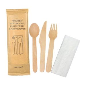 China Individual Package Wooden Forks Spoon Knife And Napkin Disposable Wooden Cutlery Set wholesale