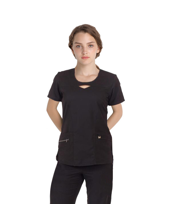 180 GSM V Neck Short Sleeve Spandex Hollow Carved Nurses Medical Uniform Antimicrobial Wrinkle-free