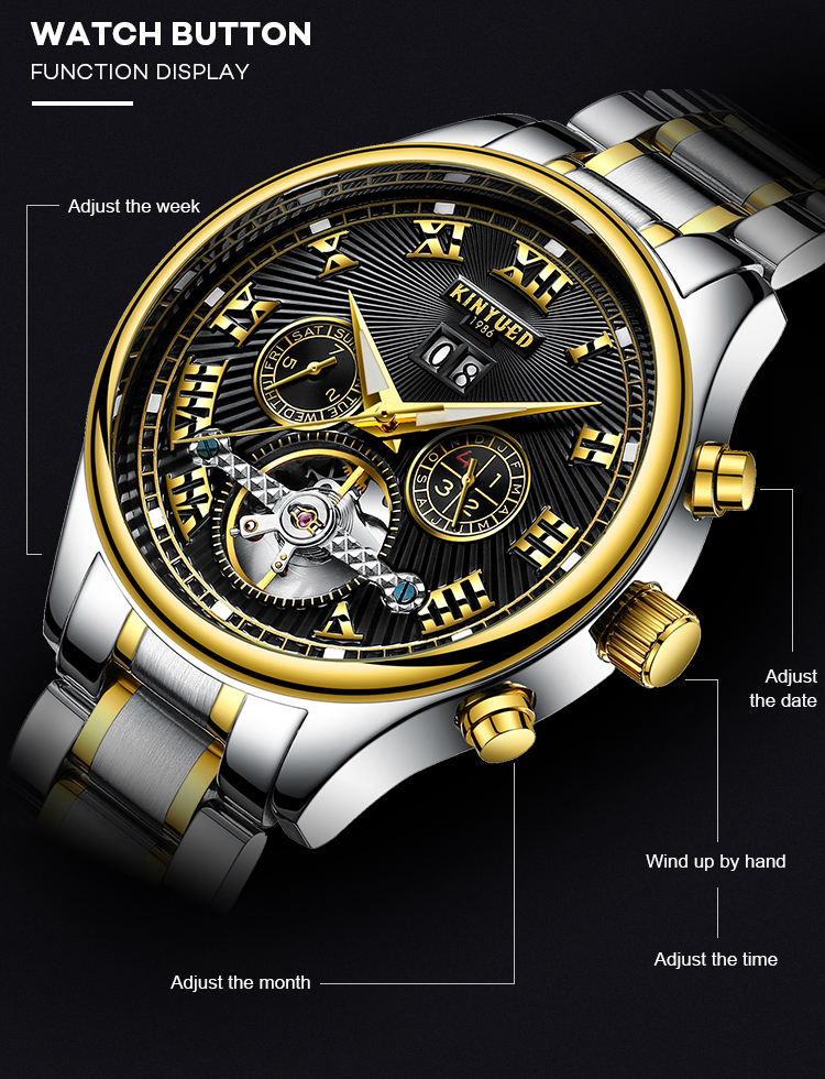 Black dial fashion brand KINYUED watch tourbillon automatic mens watch mechanical