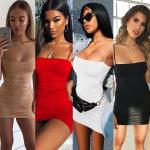 Spaghetti Straps Club Stretch 66cm Sleeveless Pleated Bodycon Dress