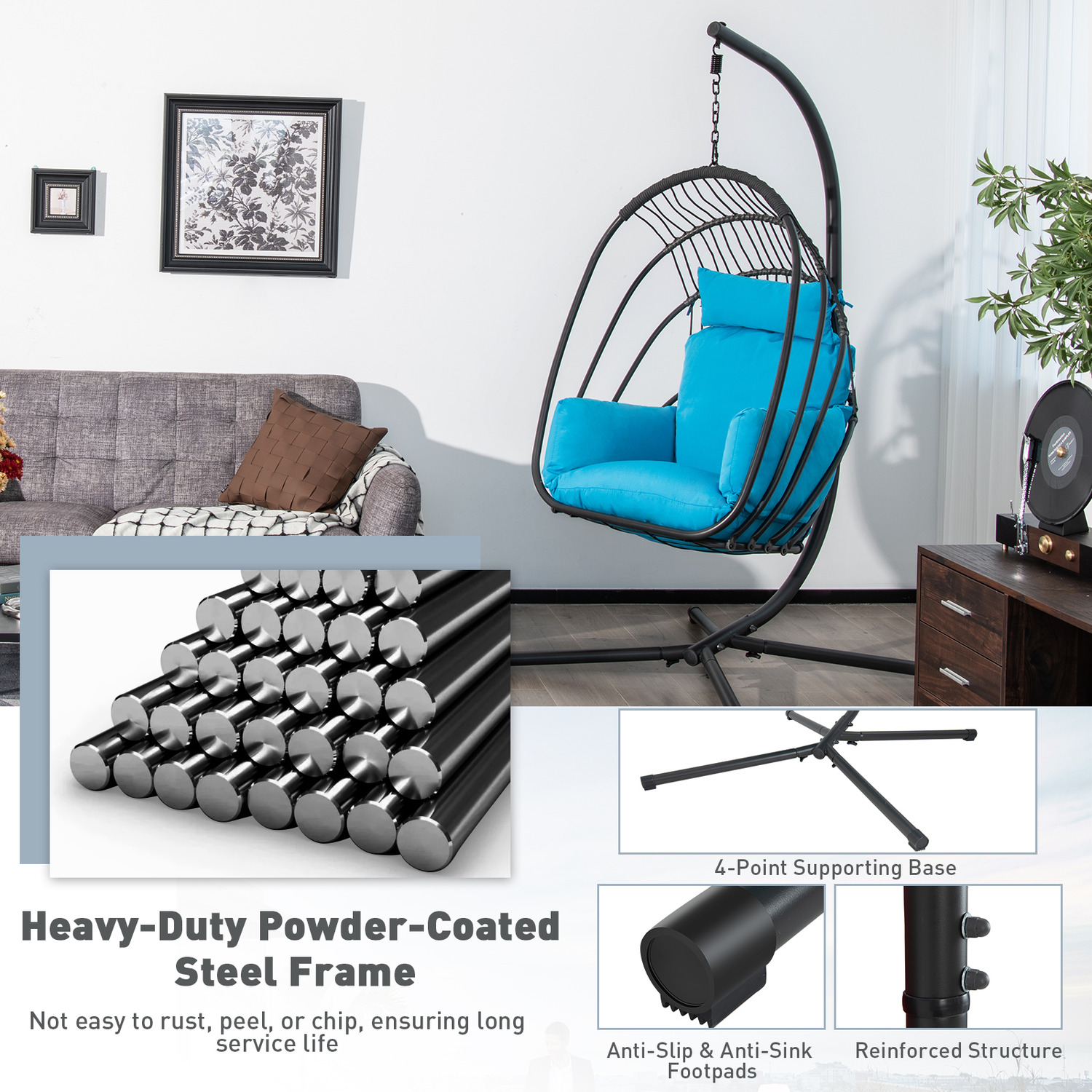 Modern Design Heavy Duty Steel Frame Hanging Chair with Polyester Cushion Fabric