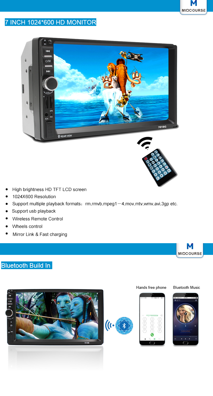 Wholesale 7 inch monitor car stereo 2 din with 1080P\Mobile phone interconnection control\Main Control C200S