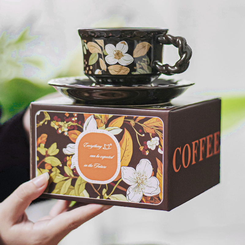 Business Gifts Ceramic Floral Cup Set Gift Box Porcelain Irregular Mug And Saucer White